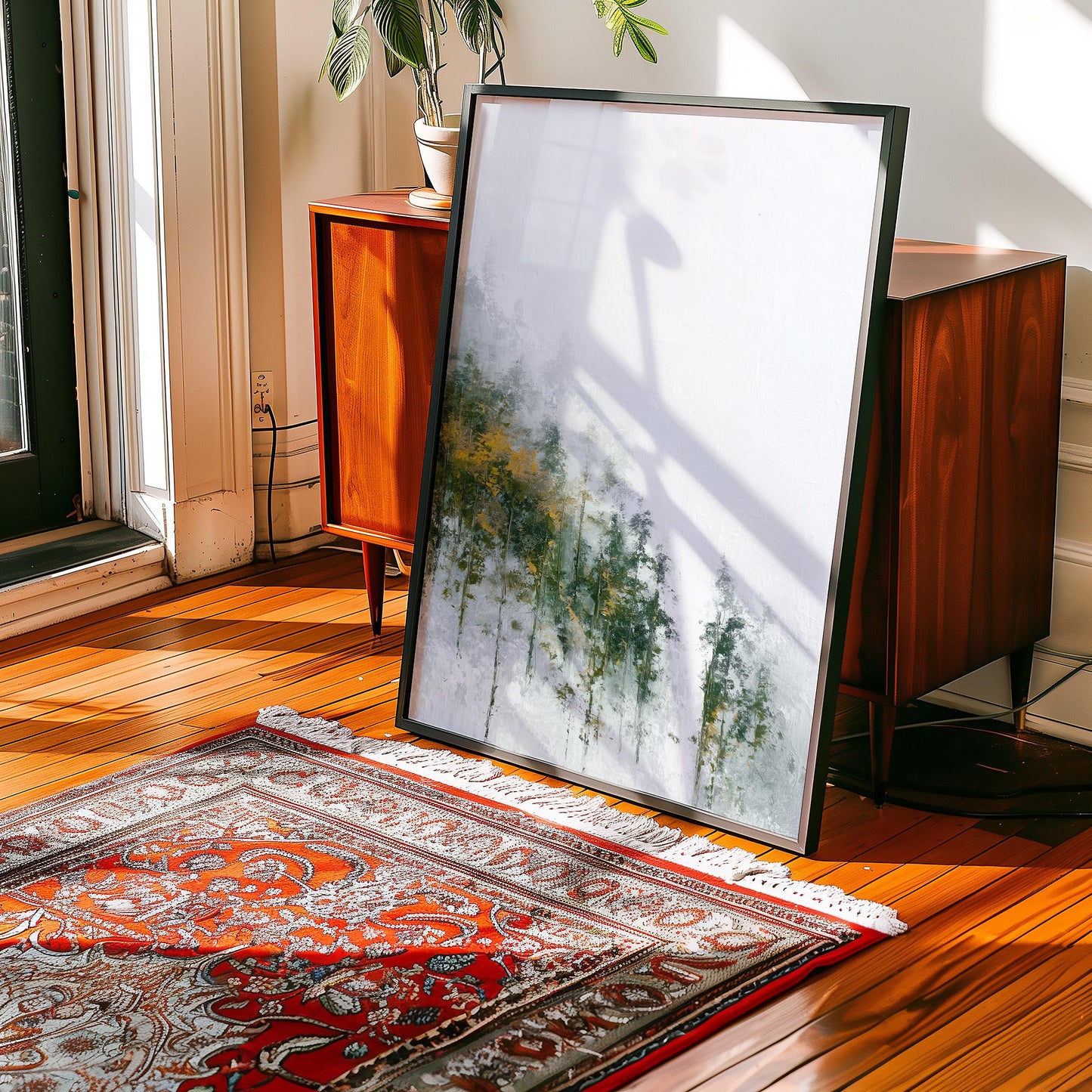 Misty Mountain Forest Print Nordic Atmospheric Landscape Negative Space Autumn Trees Nature Wall Art Decor