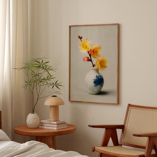 Vintage-Inspired Yellow & Pink Floral Still Life Art Print: Antique Vase Botanical Wall Decor