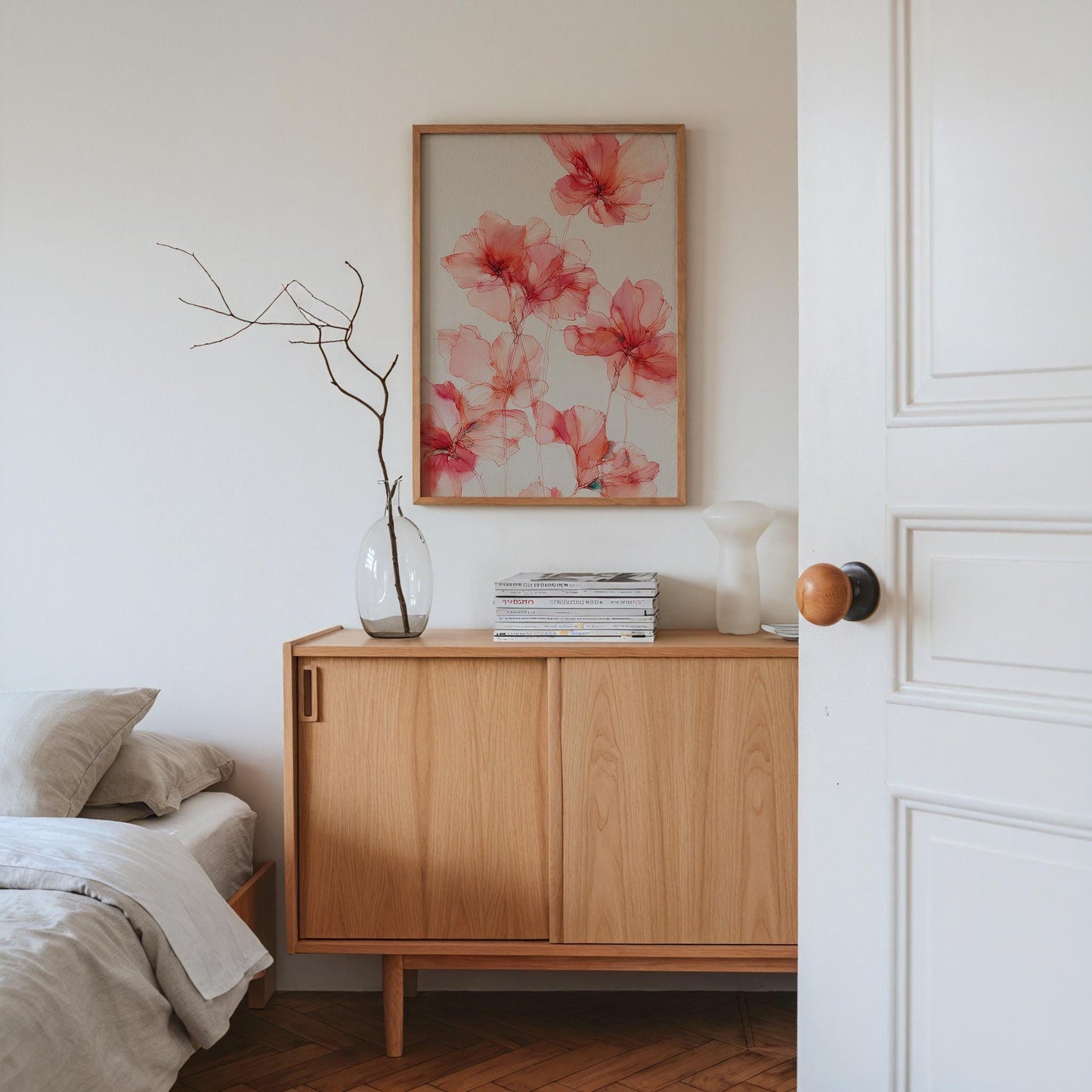 Elegant Pink Botanical Line Art: Minimalist Floral Illustration for Modern Home Decor