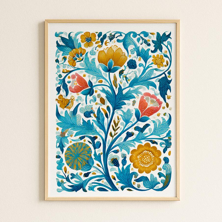 Elegant Botanical Floral Pattern Art Print - Turquoise Victorian Inspired Arts and Crafts Decor