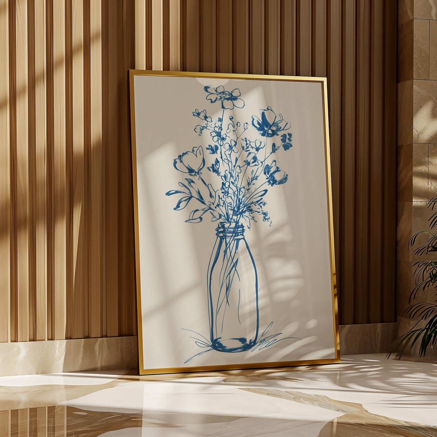 Elegant Blue Floral Line Art Print: Minimalist Botanical Wall Decor for Modern Home Aesthetics
