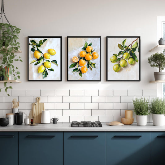 Vibrant Citrus Botanical Prints: Modern Kitchen Wall Art Decor Set for Dining Room & Farmhouse