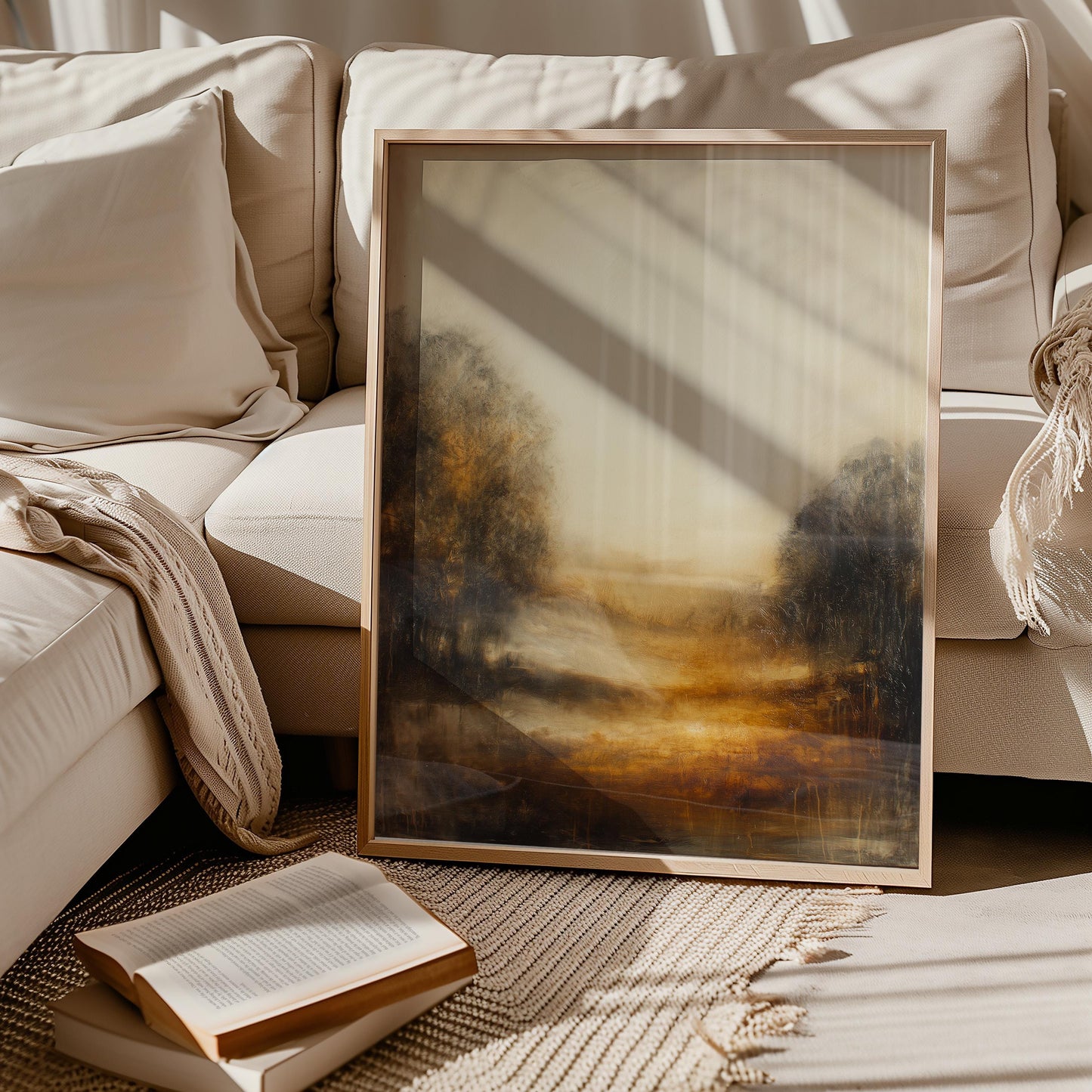 Golden Hour Landscape Print Warm Atmospheric Misty Path Painting Earth Tone Nature Wall Decor Art