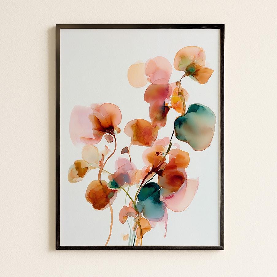 Elegant Japandi Inspired Botanical Watercolour Print: Minimalist Pink & Teal Flower Illustration