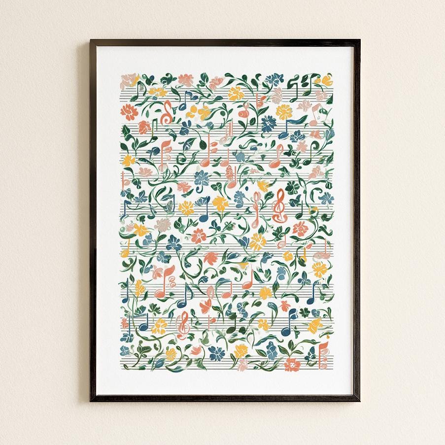 Floral Musical Notes Art Print: Botanical Music Notation Wall Decor for Studios and Musicians | William Morris Inspired