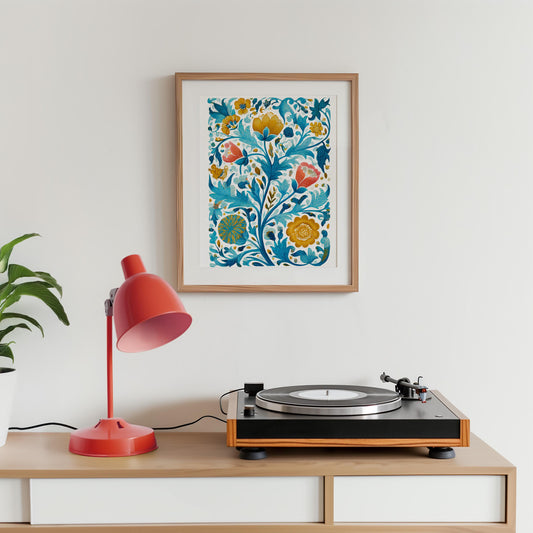 Elegant Botanical Floral Pattern Art Print - Turquoise Victorian Inspired Arts and Crafts Decor