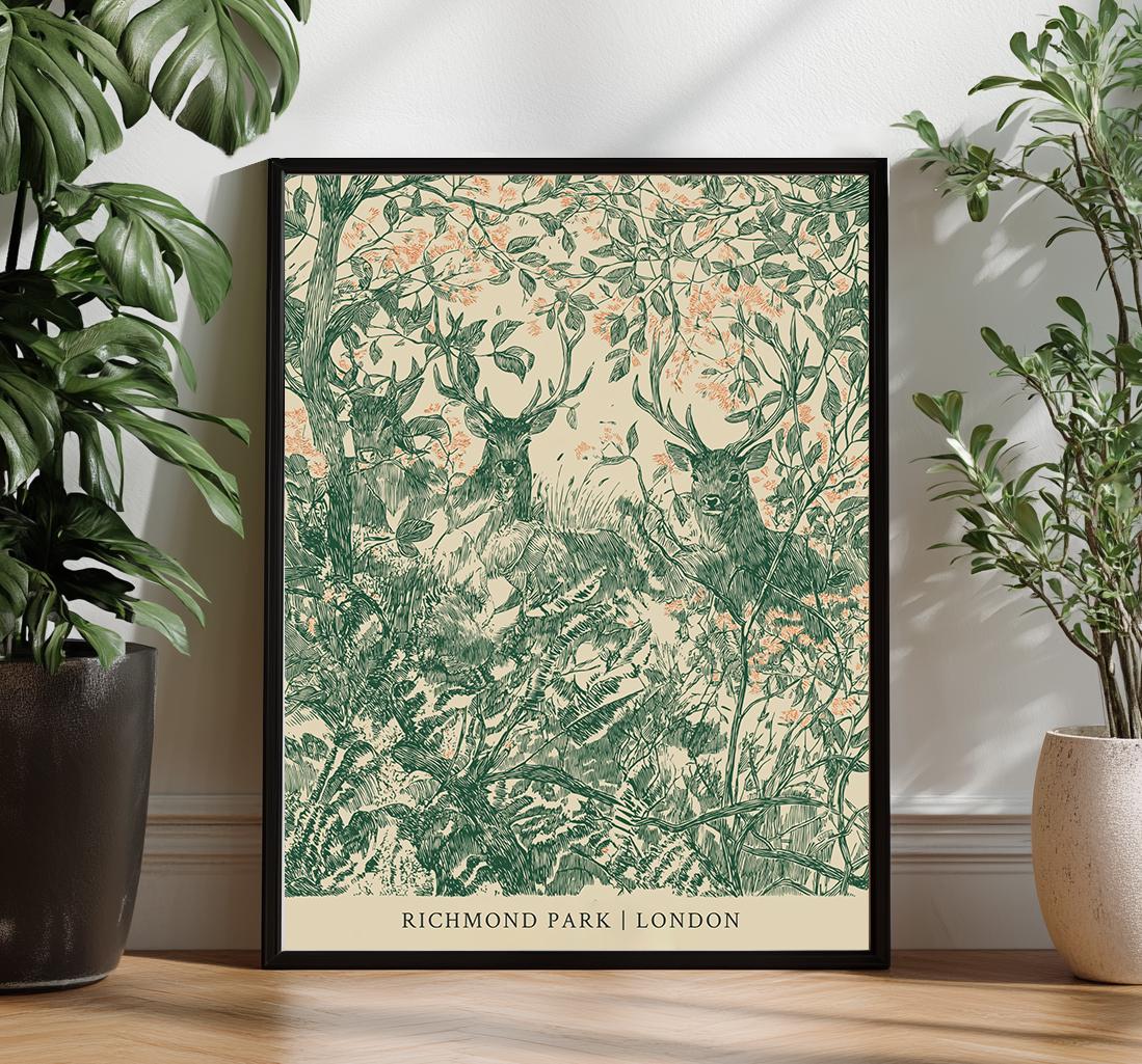 Richmond Park Deer Print: Vintage Botanical Wildlife Art