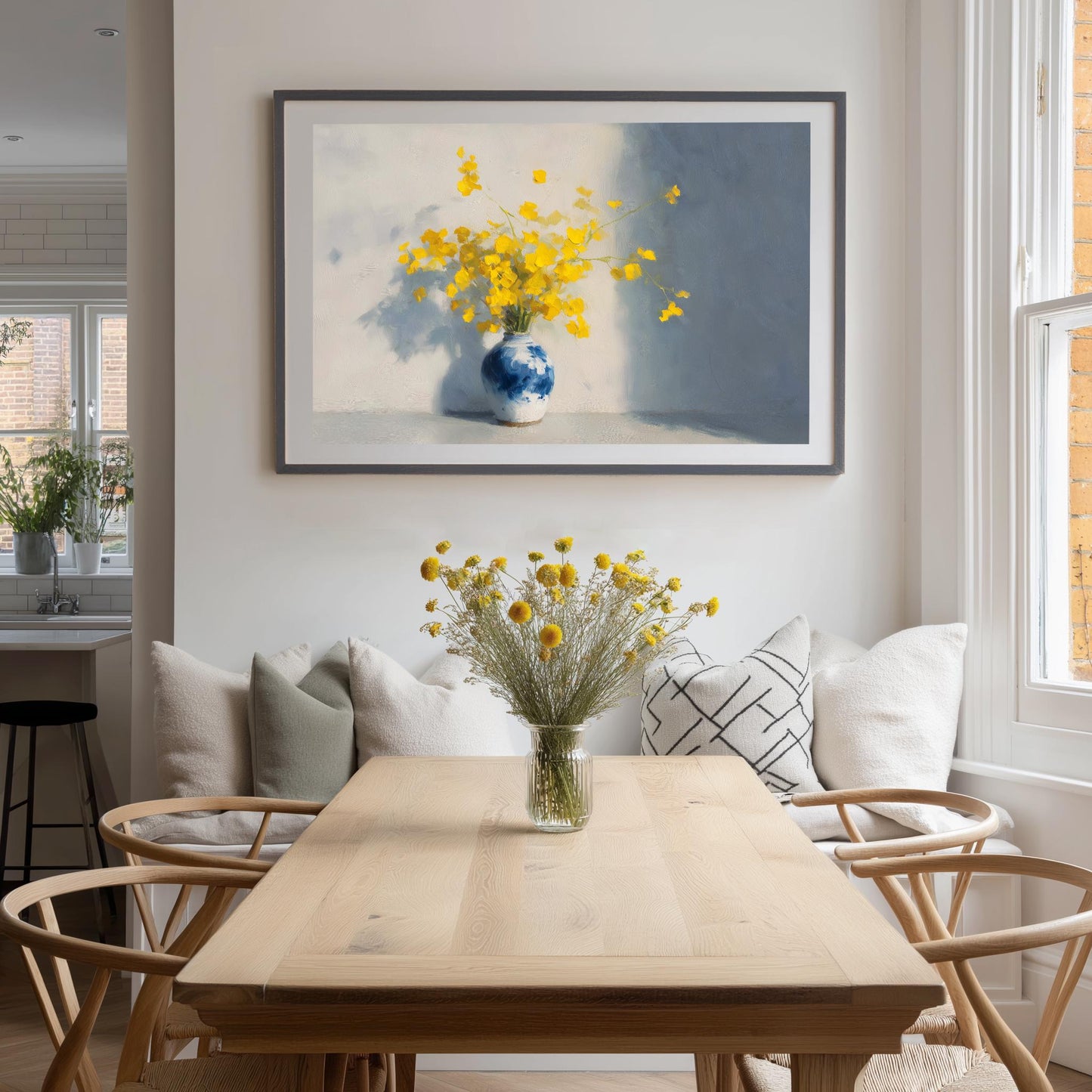 Yellow Floral Art Print: Impressionist Flowers in Blue Vase