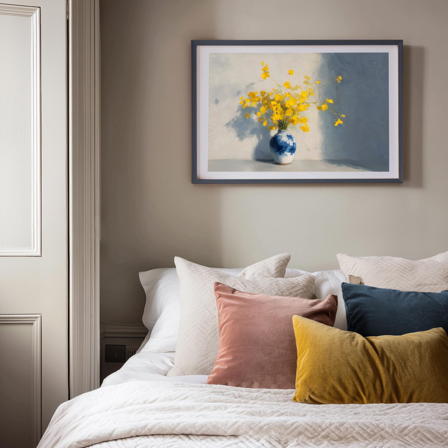 Yellow Floral Art Print: Impressionist Flowers in Blue Vase