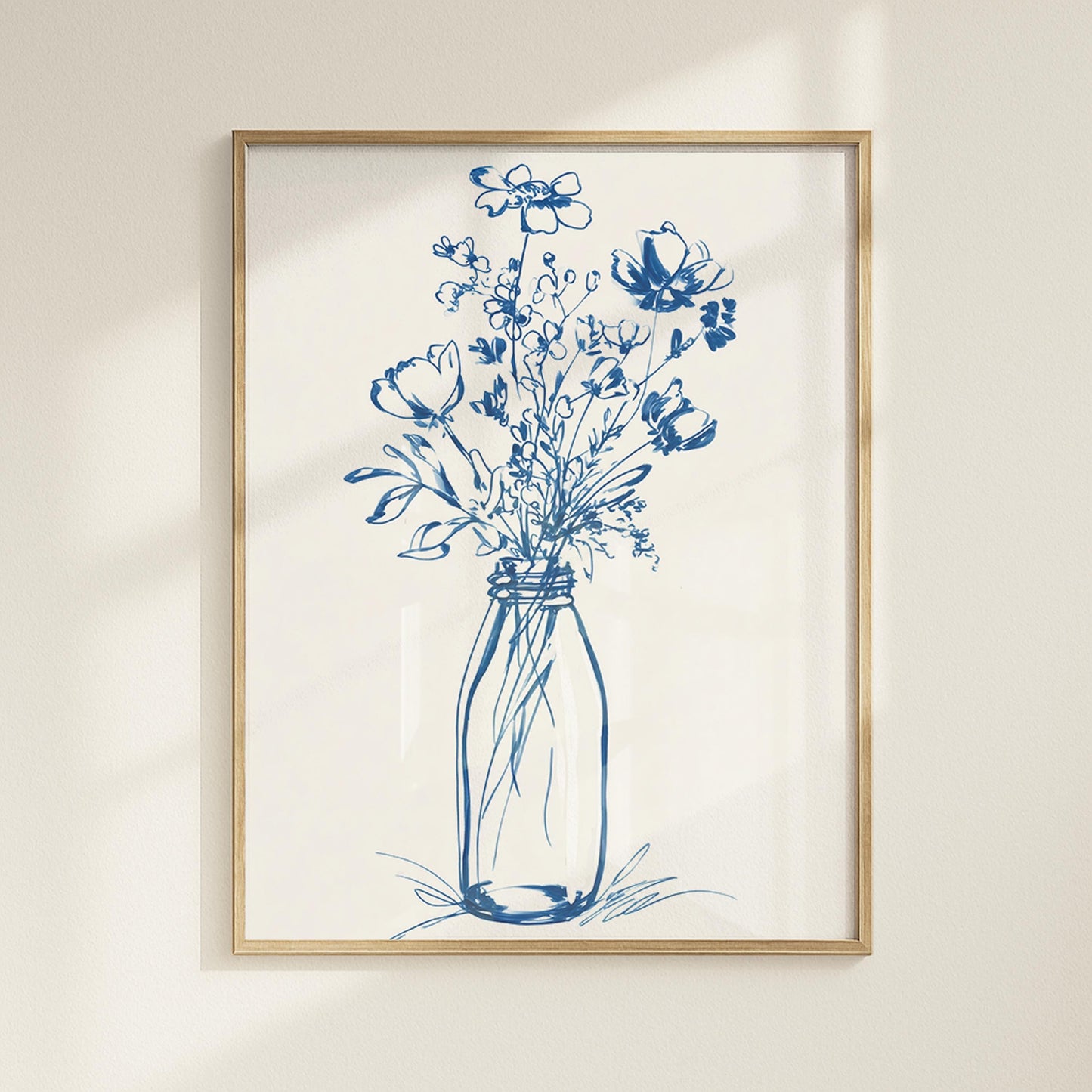 Blue Floral Line Art Print: Minimalist Botanical Wall Decor