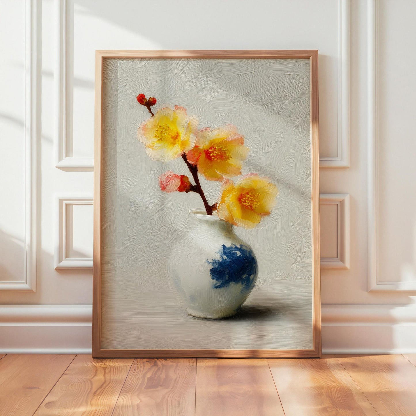 Yellow & Pink Floral Still Life Art Print: Antique Vase, Botanical Wall Decor