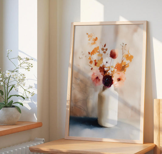 Modern Coral Pink Abstract Floral Wall Art Print: Minimalist