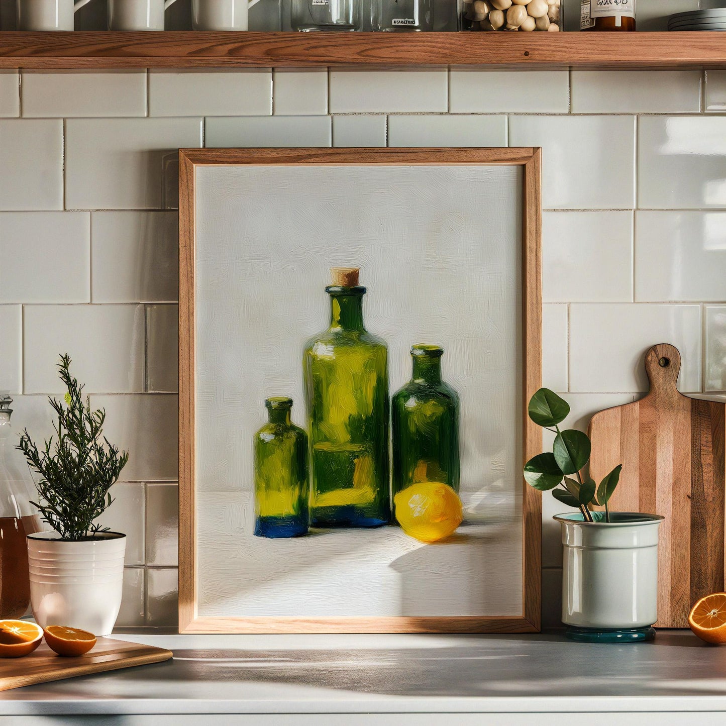 Green Glass Bottle Still Life Art Print: Kitchen Wall Decor