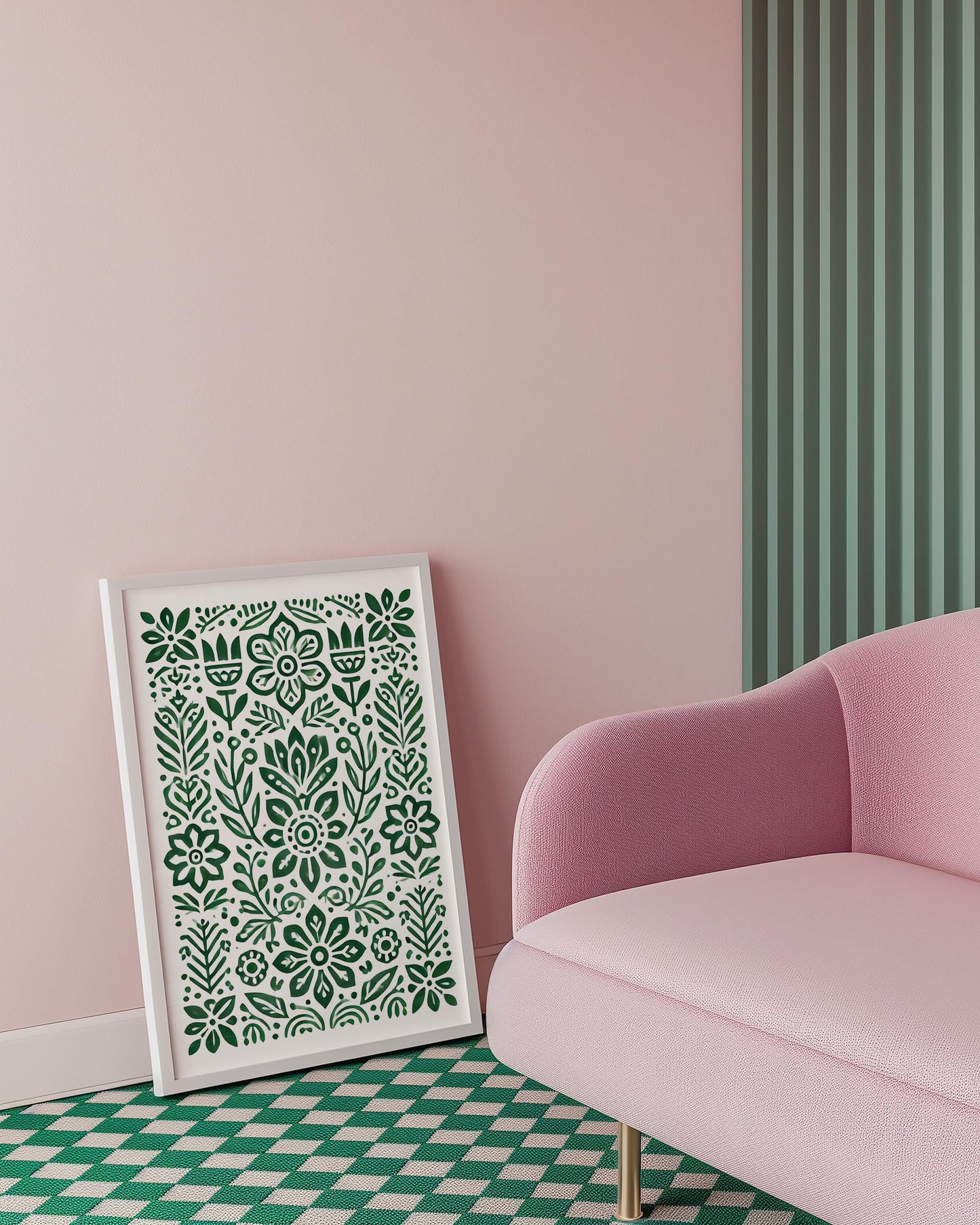 Green Botanical Folk Art Print: Symmetrical Pattern Wall Decor