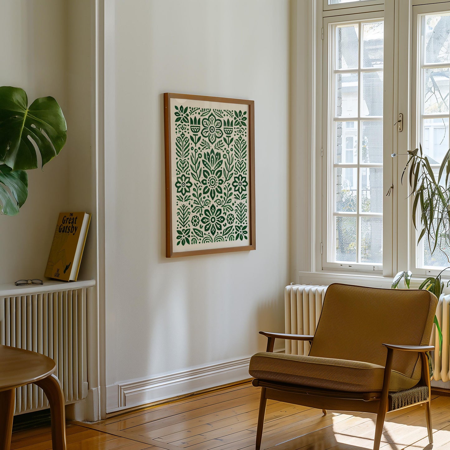 Green Botanical Folk Art Print: Symmetrical Pattern Wall Decor
