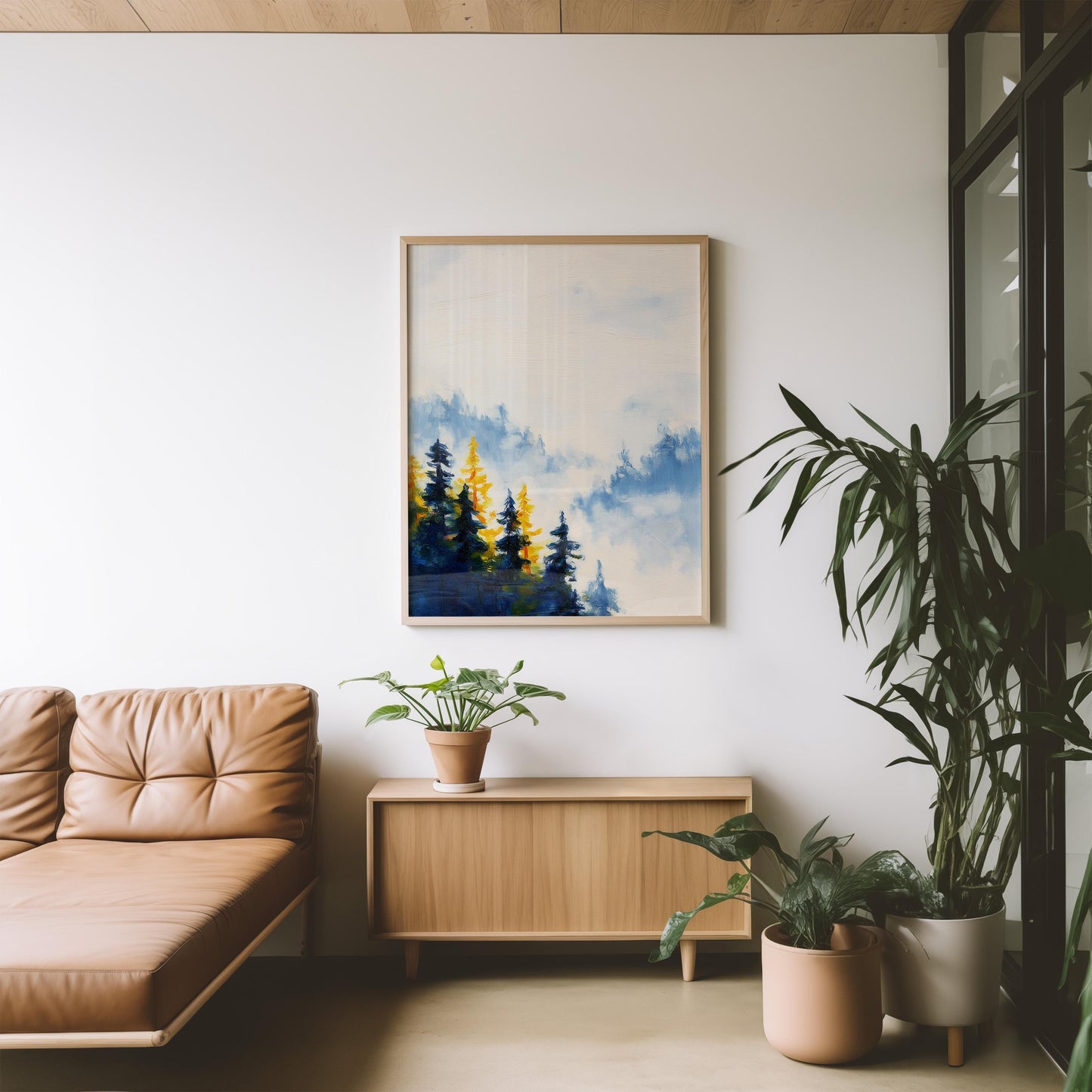 Ethereal Misty Forest Landscape Print: Minimalist Nature Wall Art for Serene Home Decor