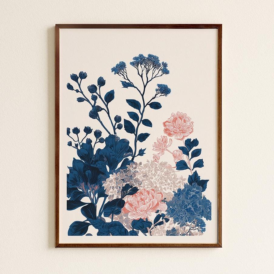 Asymmetrical Navy & Pink Botanical Floral Art Print | Modern Minimalist Japandi Wall Decor