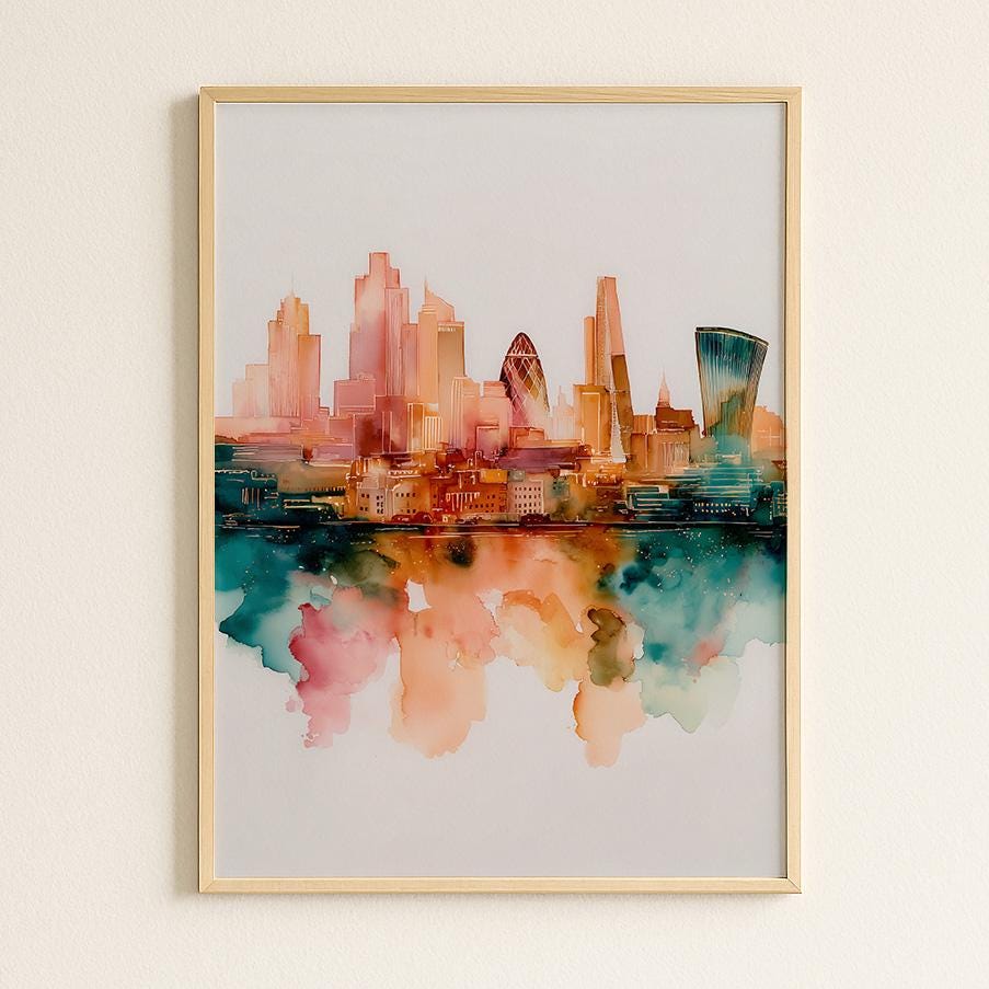 London Cityscape Watercolour Print: Modern British Skyline Art, Urban Architecture Wall Decor, Urban Design