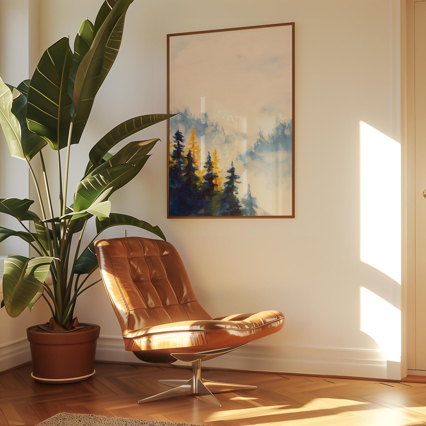 Ethereal Misty Forest Landscape Print: Minimalist Nature Wall Art for Serene Home Decor