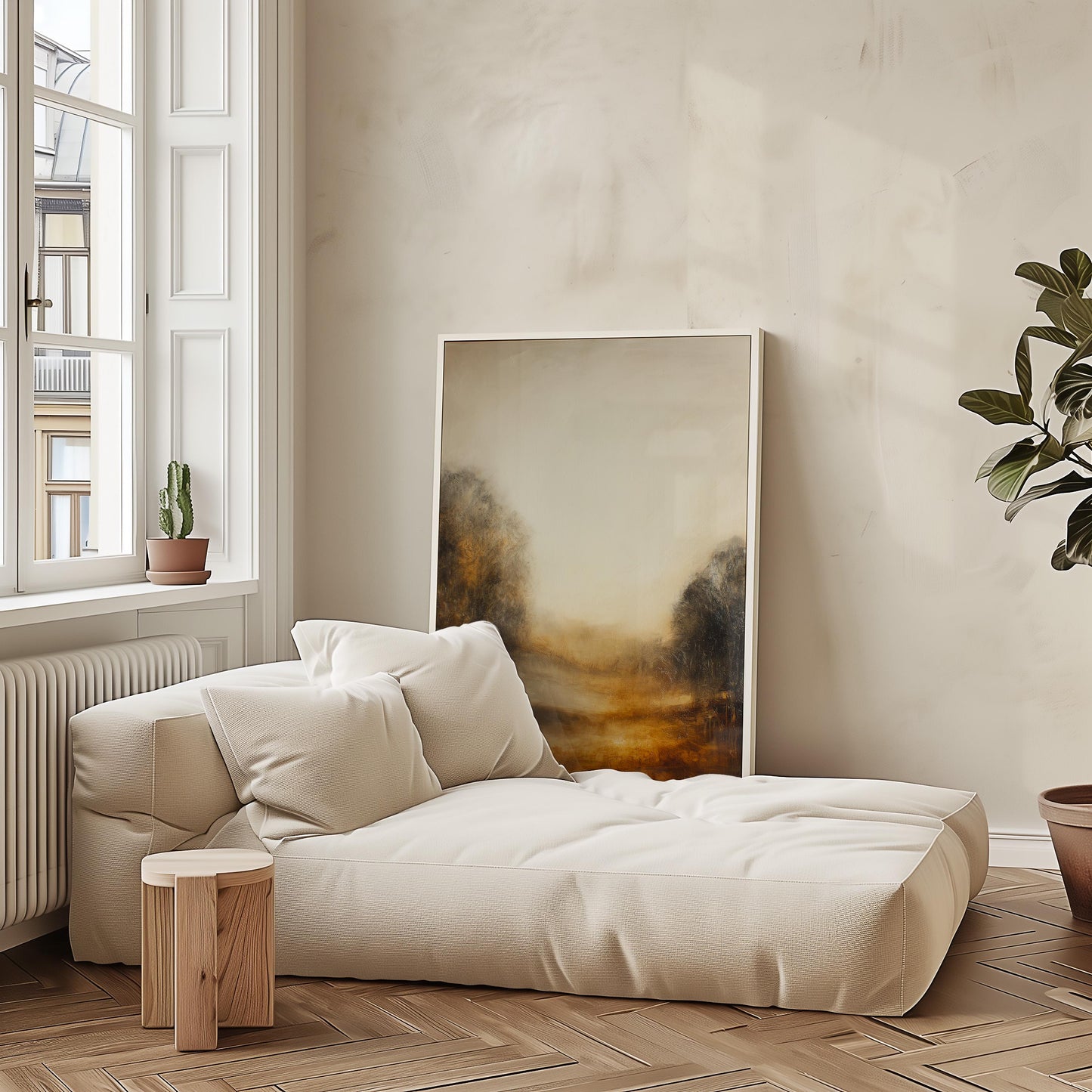 Golden Hour Landscape Print Warm Atmospheric Misty Path Painting Earth Tone Nature Wall Decor Art