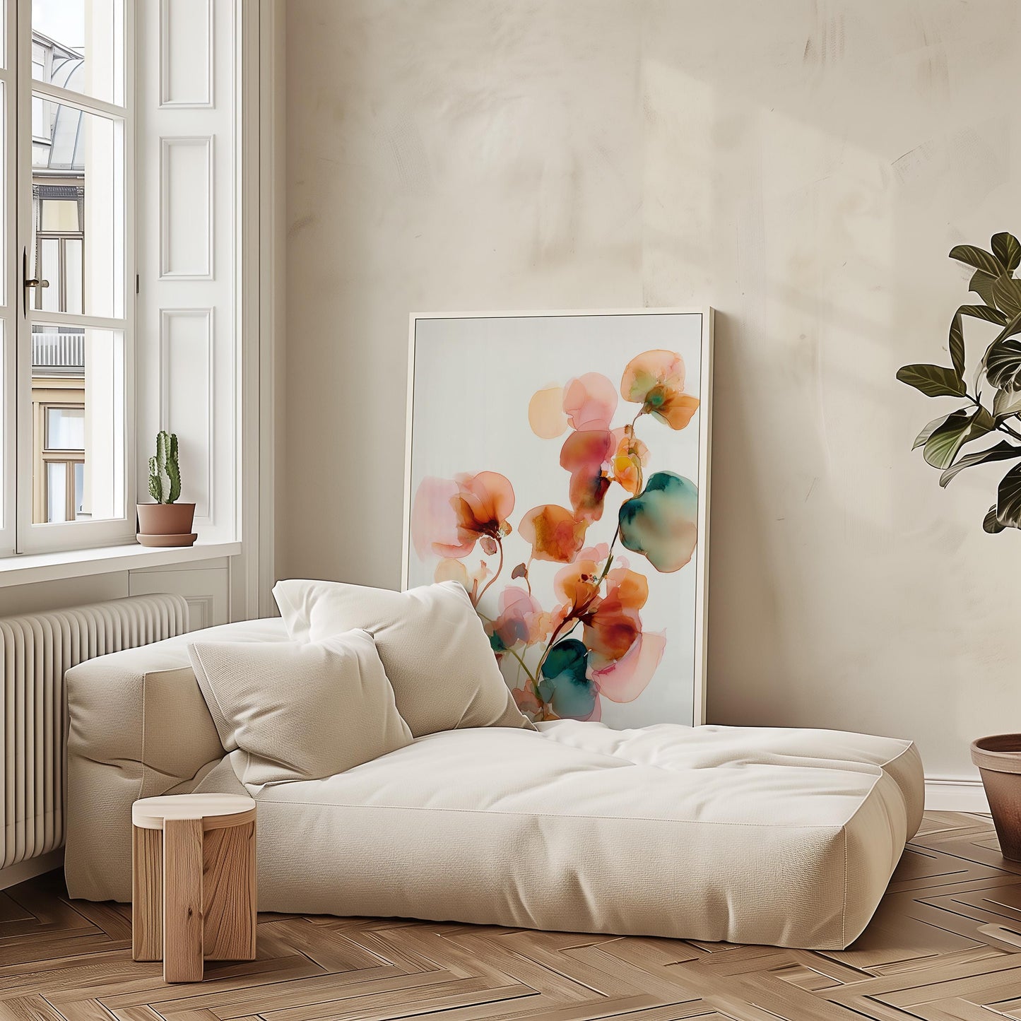 Elegant Japandi Inspired Botanical Watercolour Print: Minimalist Pink & Teal Flower Illustration