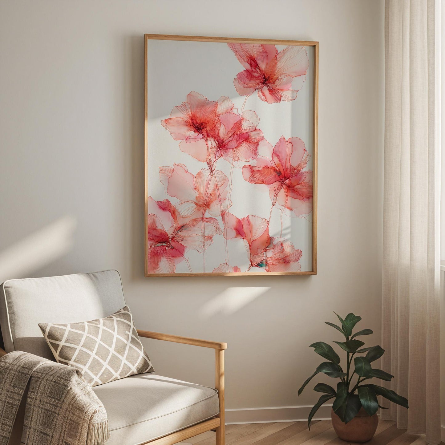 Elegant Pink Botanical Line Art: Minimalist Floral Illustration for Modern Home Decor