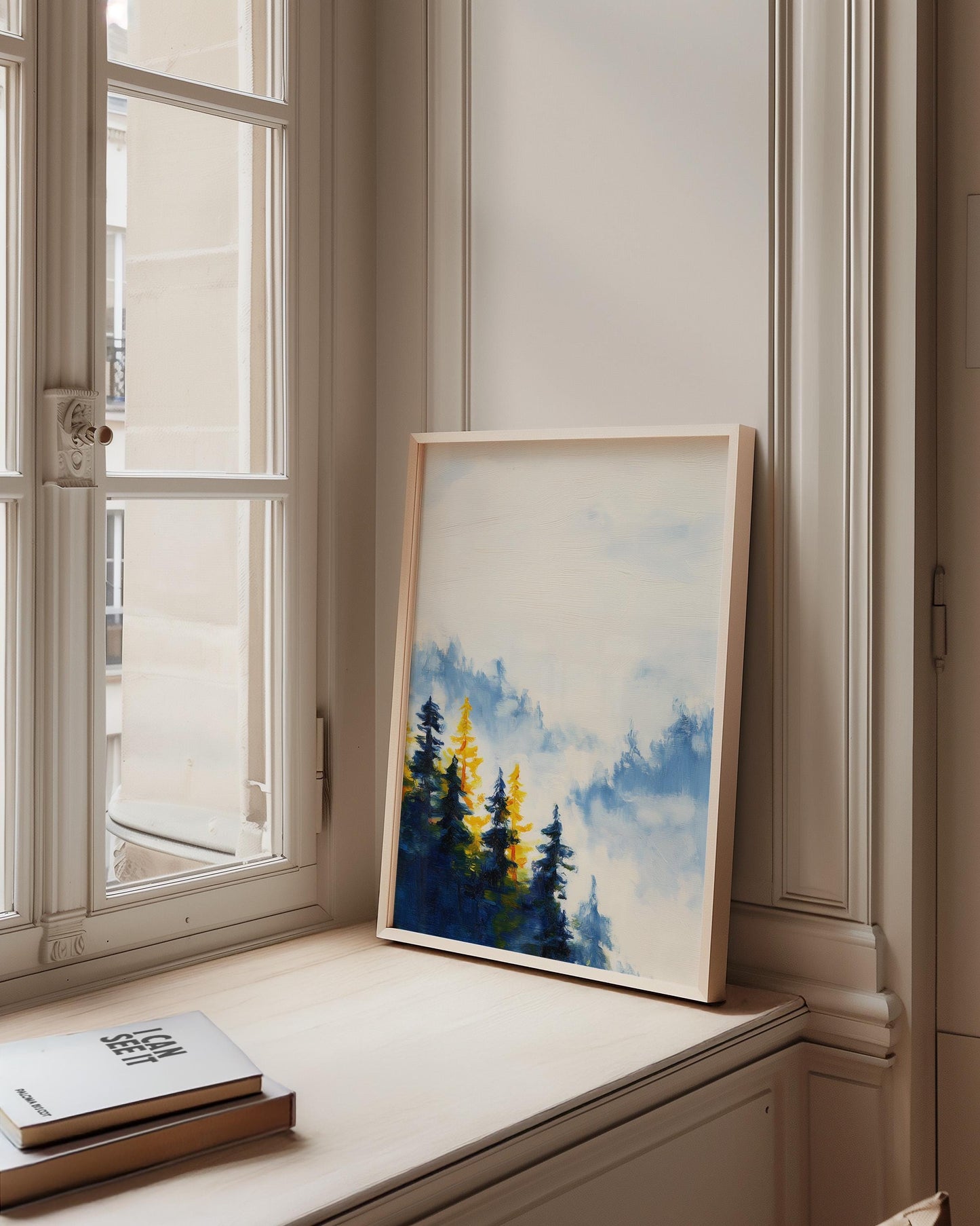 Ethereal Misty Forest Landscape Print: Minimalist Nature Wall Art for Serene Home Decor