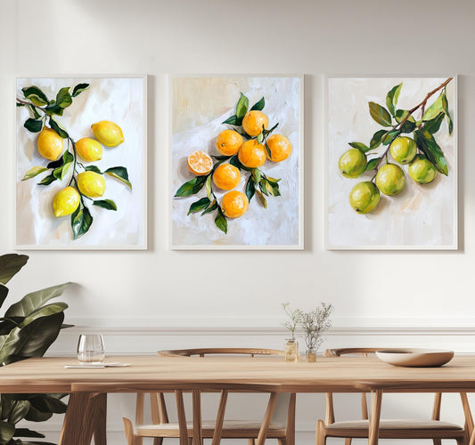 Vibrant Citrus Botanical Prints: Modern Kitchen Wall Art Decor Set for Dining Room & Farmhouse