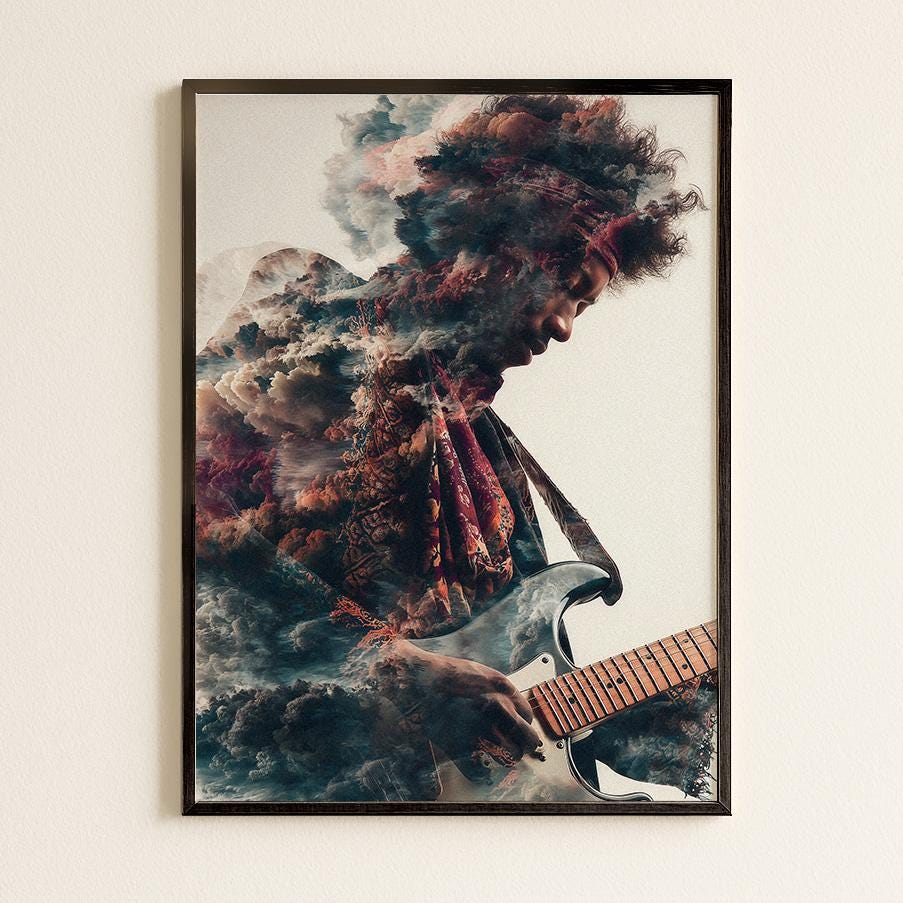 Jimi Hendrix Guitar Legend Psychedelic 'Photography Composite' Style Art Print - Rock Music Wall Decor Poster