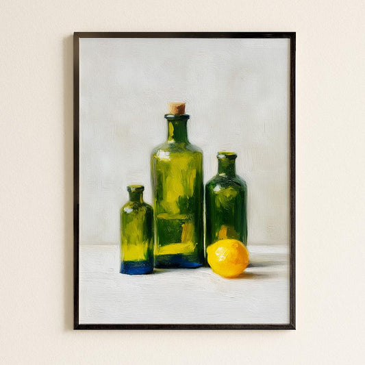 Vintage Green Glass Bottle Still Life Art Print: Kitchen Wall Decor for Dining Room and Home
