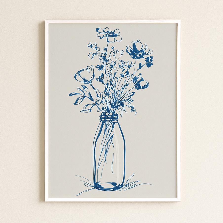 Elegant Blue Floral Line Art Print: Minimalist Botanical Wall Decor for Modern Home Aesthetics