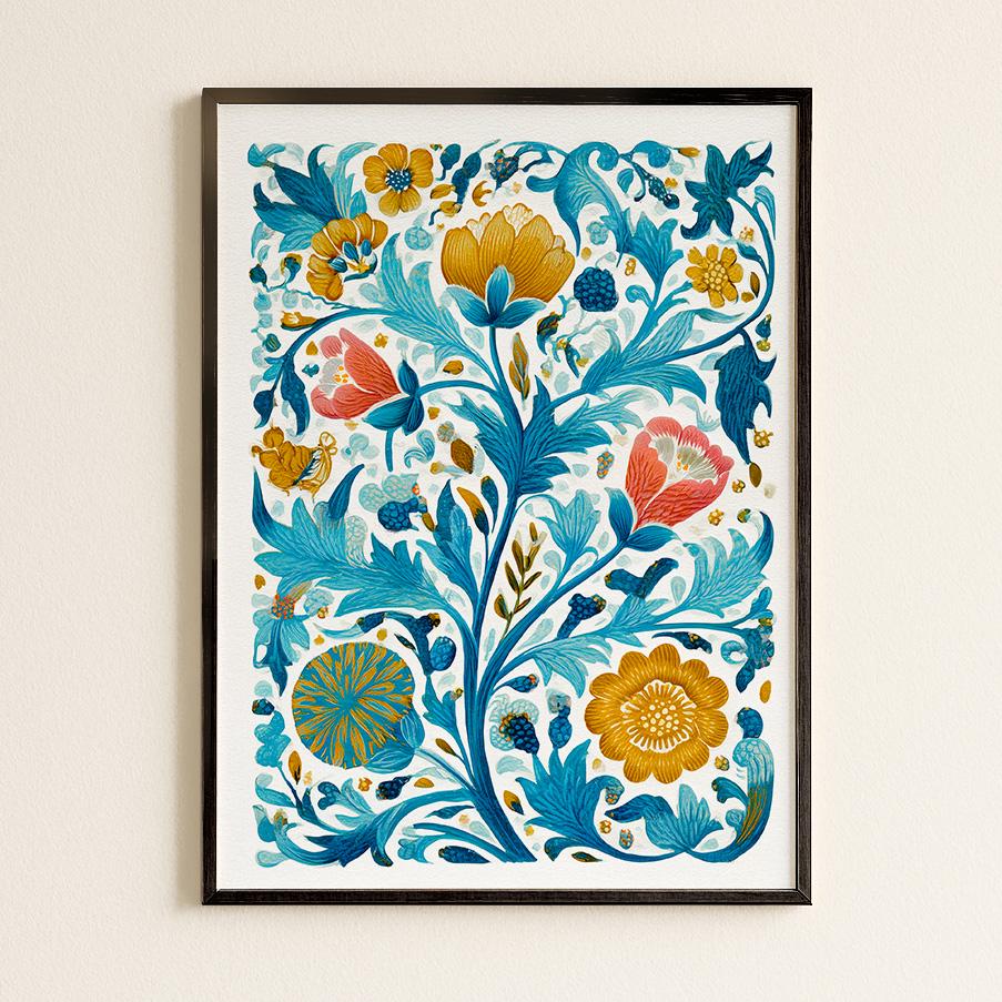 Elegant Botanical Floral Pattern Art Print - Turquoise Victorian Inspired Arts and Crafts Decor