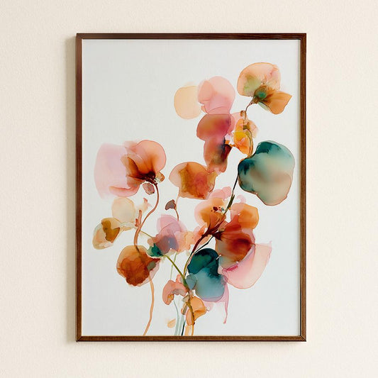 Elegant Japandi Inspired Botanical Watercolour Print: Minimalist Pink & Teal Flower Illustration