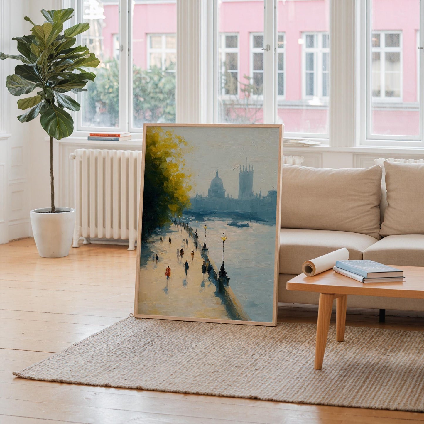 Scenic Thames River South Bank London Art Print: British Landscape Wall Decor, London Travel Print, Painting of London | Urban Design