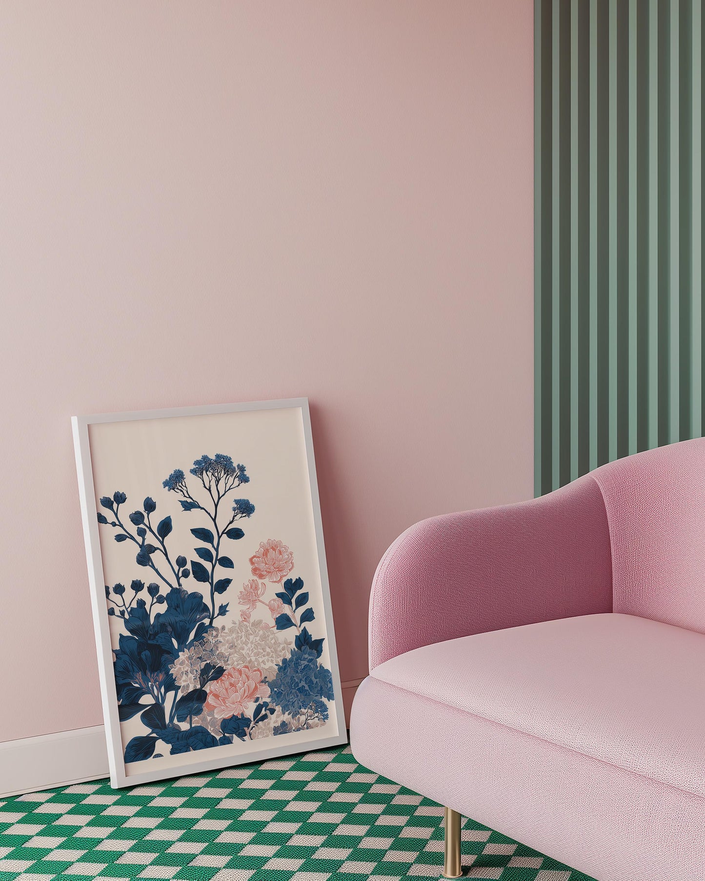 Asymmetrical Navy & Pink Botanical Floral Art Print | Modern Minimalist Japandi Wall Decor