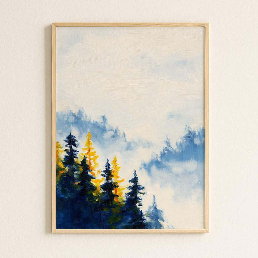 Ethereal Misty Forest Landscape Print: Minimalist Nature Wall Art for Serene Home Decor