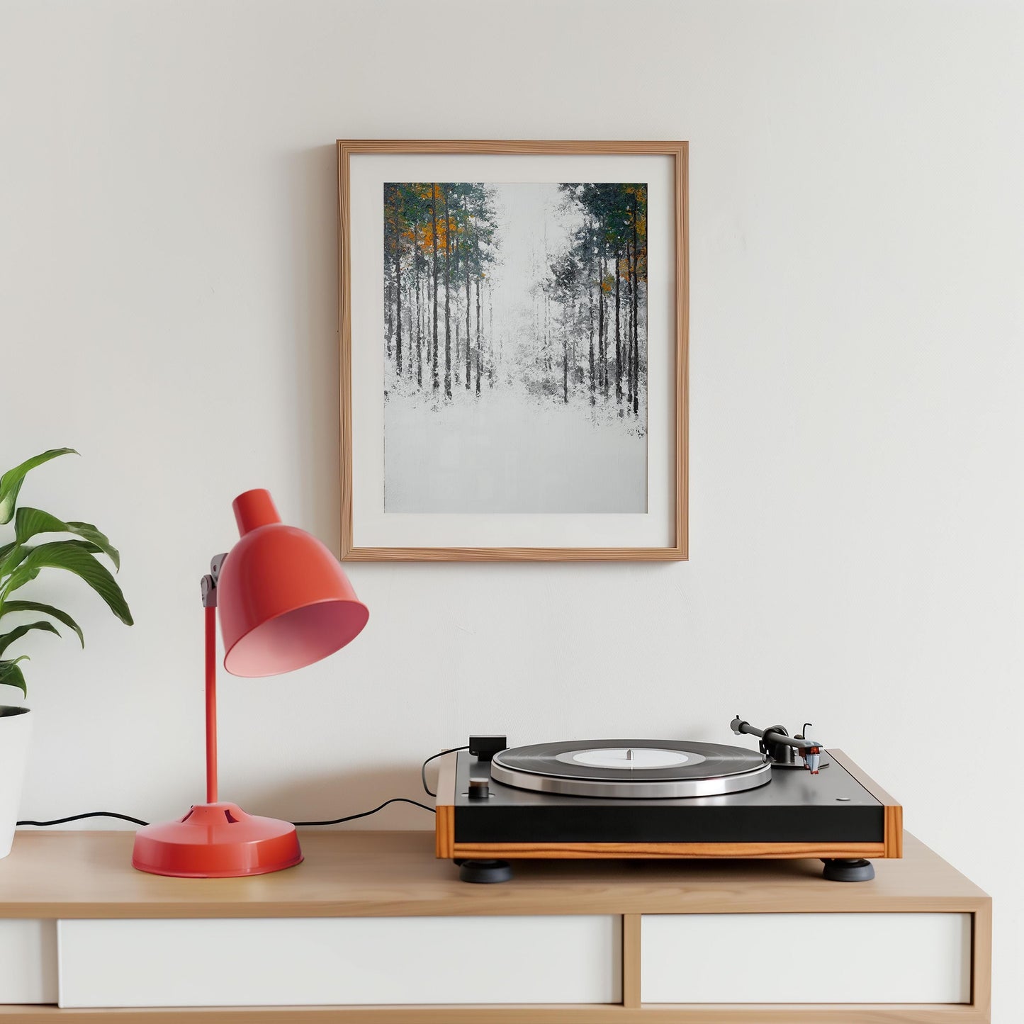 Nordic Winter Forest Path Print - Minimalist Negative Space Trees Woodland Landscape Wall Art Decor