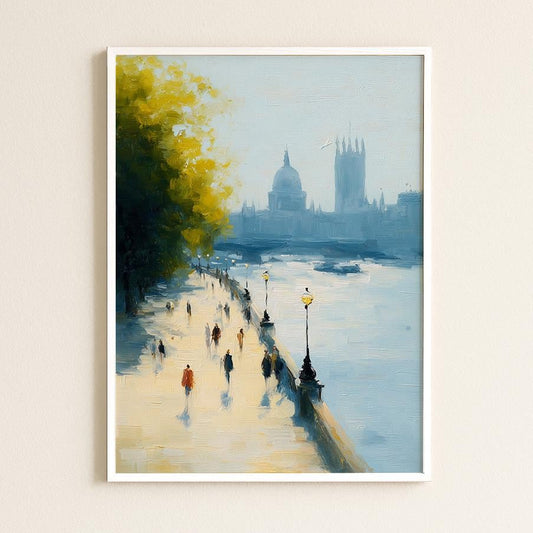 Scenic Thames River South Bank London Art Print: British Landscape Wall Decor, London Travel Print, Painting of London | Urban Design