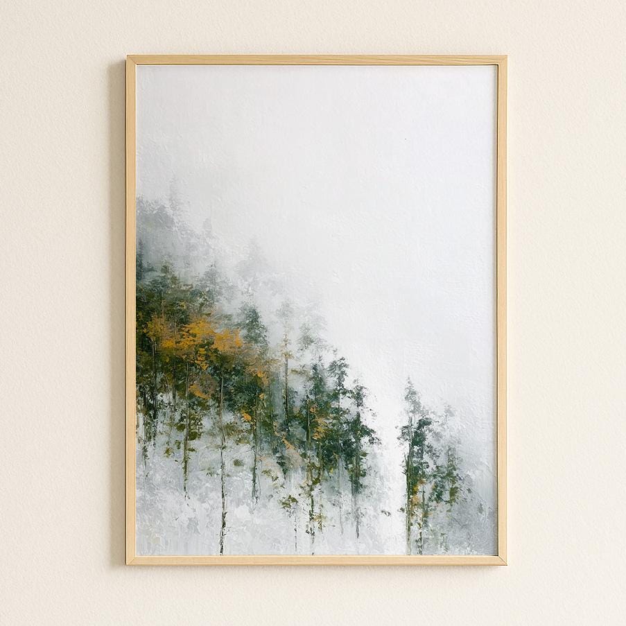 Misty Mountain Forest Print Nordic Atmospheric Landscape Negative Space Autumn Trees Nature Wall Art Decor