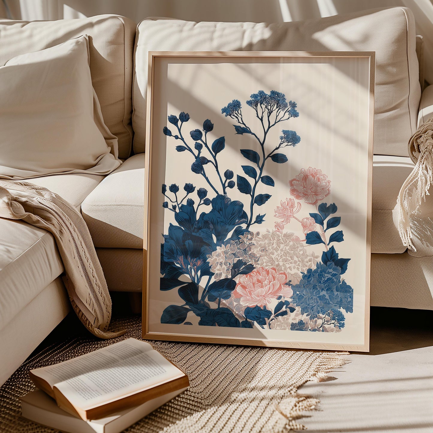 Asymmetrical Navy & Pink Botanical Floral Art Print | Modern Minimalist Japandi Wall Decor