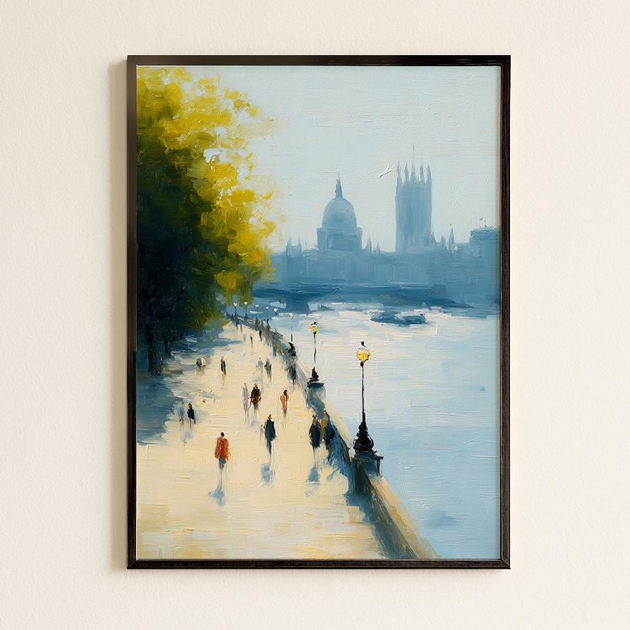 Scenic Thames River South Bank London Art Print: British Landscape Wall Decor, London Travel Print, Painting of London | Urban Design