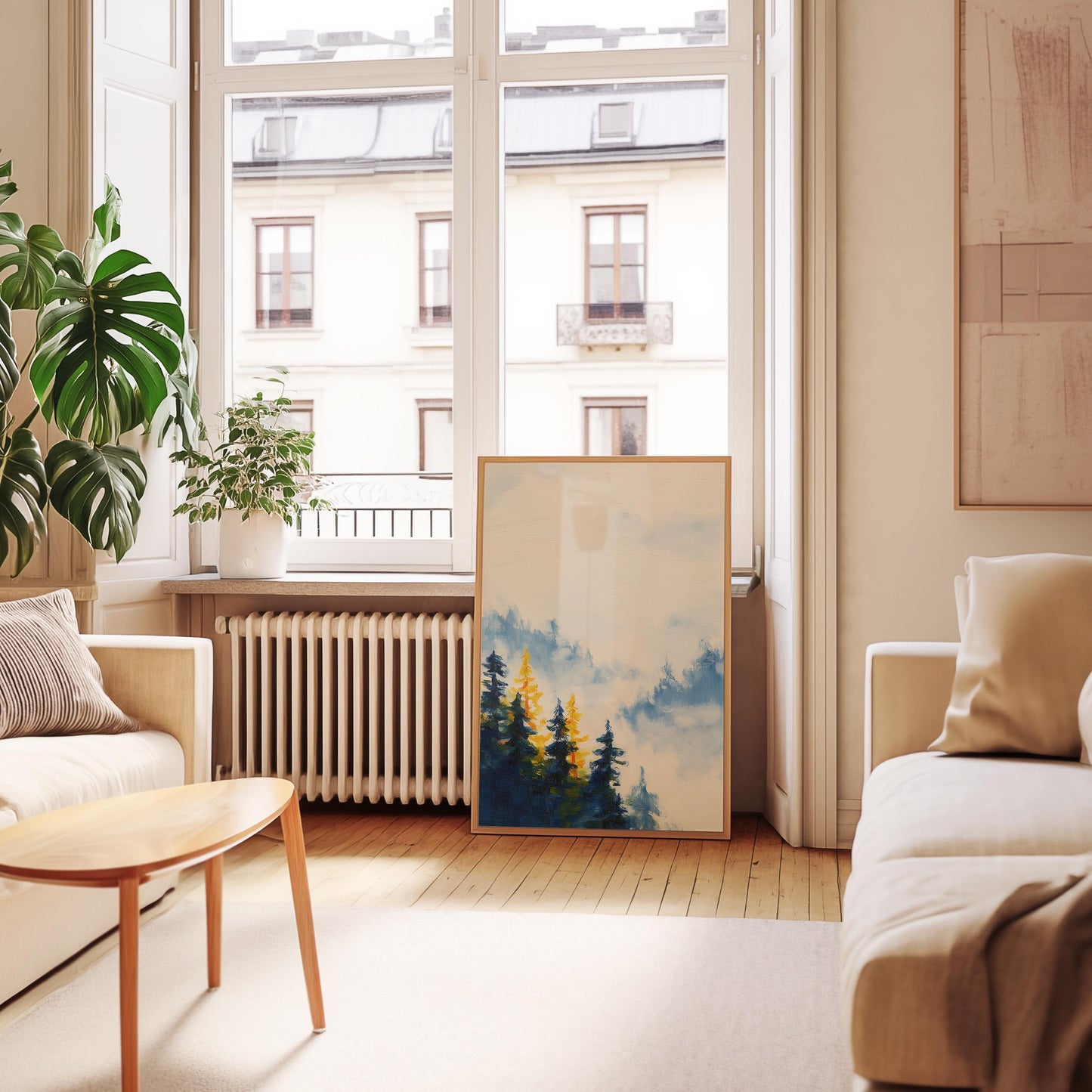 Ethereal Misty Forest Landscape Print: Minimalist Nature Wall Art for Serene Home Decor