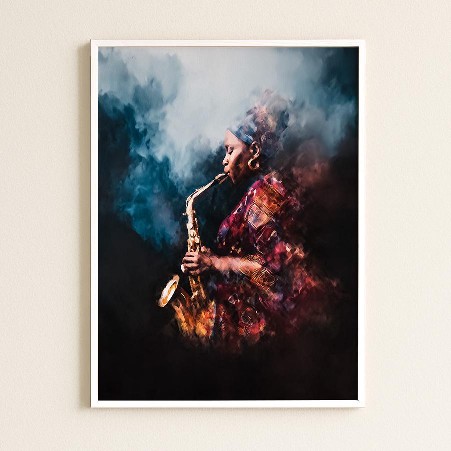 Elegant Female Saxophonist Jazz Illustration - Musical Instrument Wall Art Print for Club Decor
