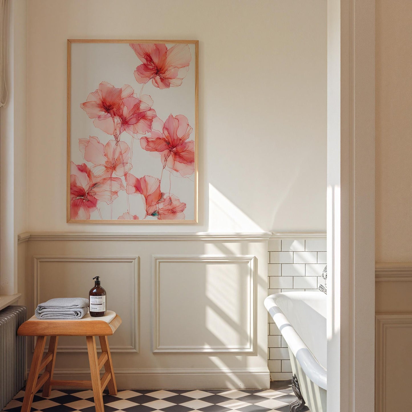 Elegant Pink Botanical Line Art: Minimalist Floral Illustration for Modern Home Decor