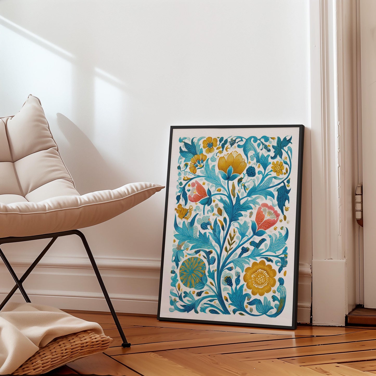 Elegant Botanical Floral Pattern Art Print - Turquoise Victorian Inspired Arts and Crafts Decor