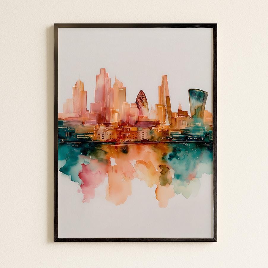 London Cityscape Watercolour Print: Modern British Skyline Art, Urban Architecture Wall Decor, Urban Design