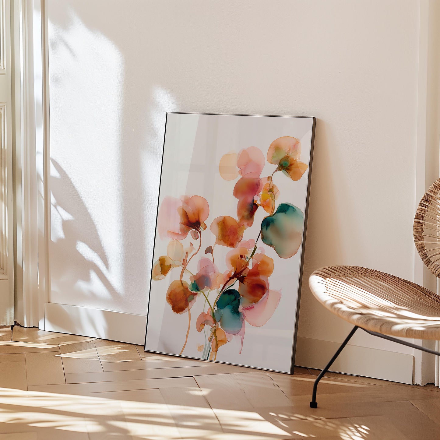 Elegant Japandi Inspired Botanical Watercolour Print: Minimalist Pink & Teal Flower Illustration