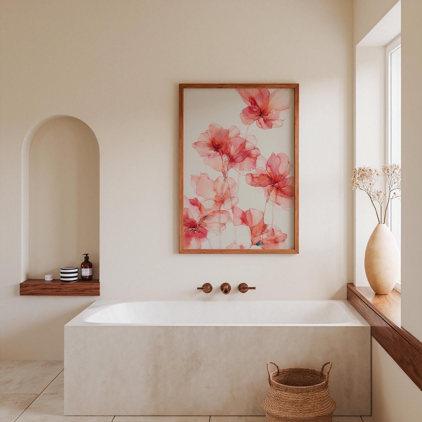 Elegant Pink Botanical Line Art: Minimalist Floral Illustration for Modern Home Decor