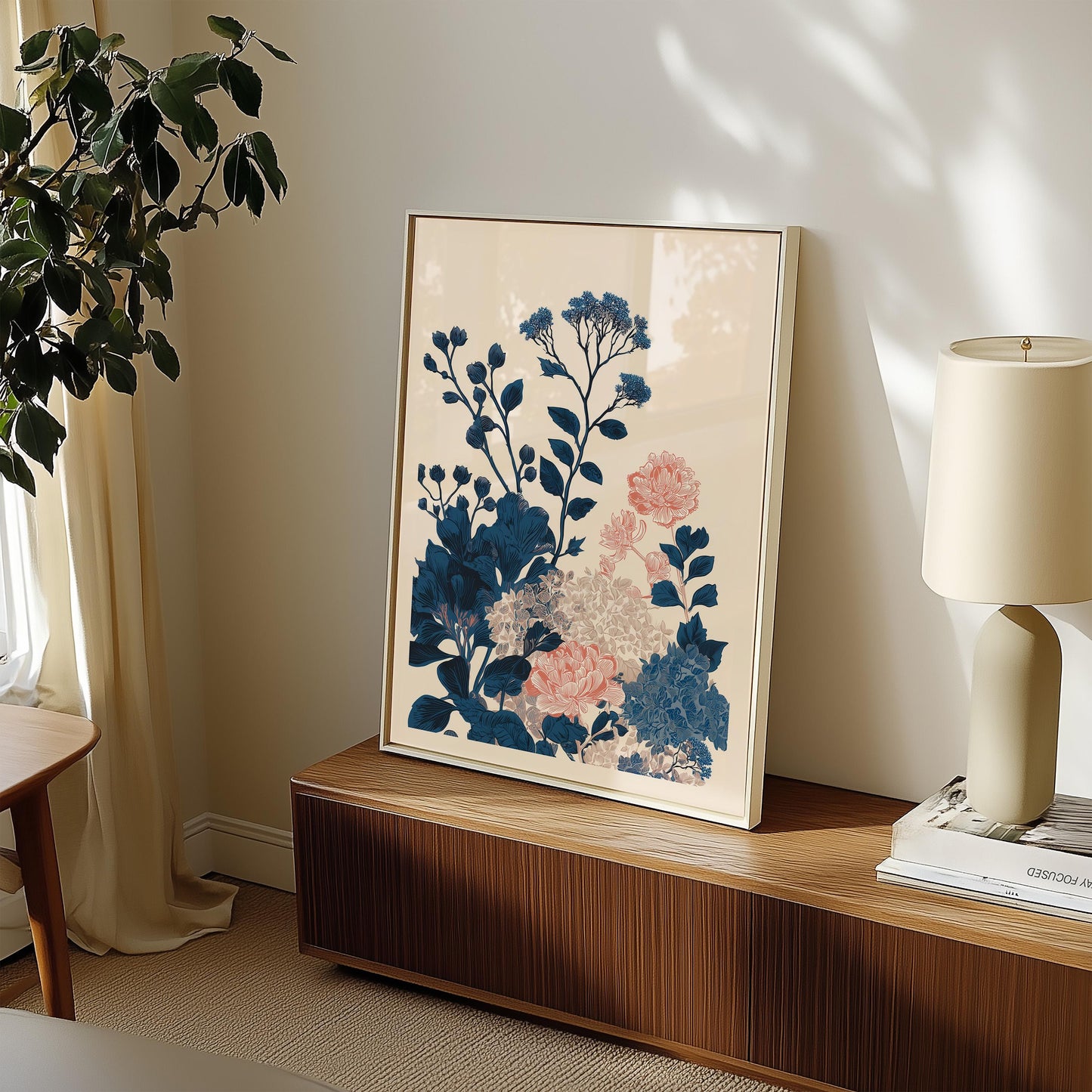 Asymmetrical Navy & Pink Botanical Floral Art Print | Modern Minimalist Japandi Wall Decor