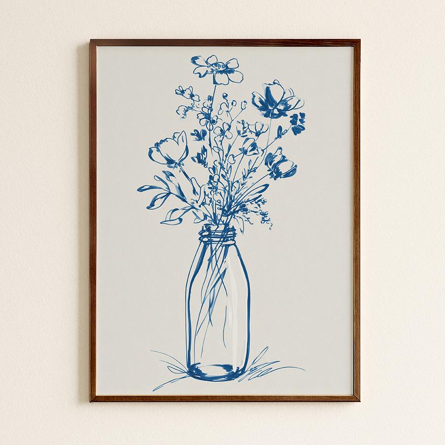 Elegant Blue Floral Line Art Print: Minimalist Botanical Wall Decor for Modern Home Aesthetics